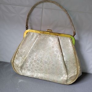 Vintage Gold Brocade Vinyl Handbag / JR Florida Purse Cream/ beige